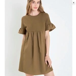 English Factory Mixed Media Short Sleeve Mini Dress S Olive Green Pockets Preppy